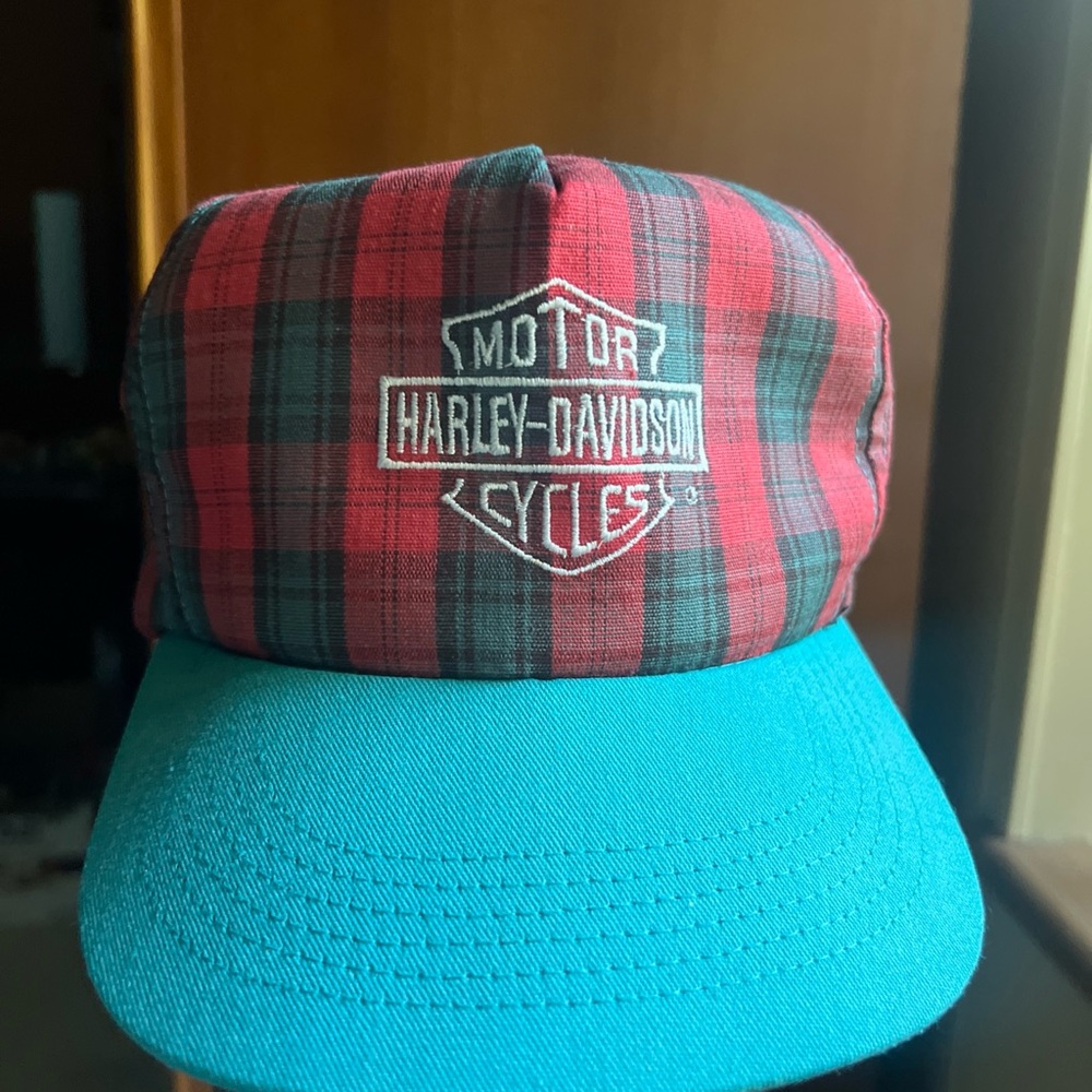 Harley-Davidson Red Plaid Cap with Blue Brim